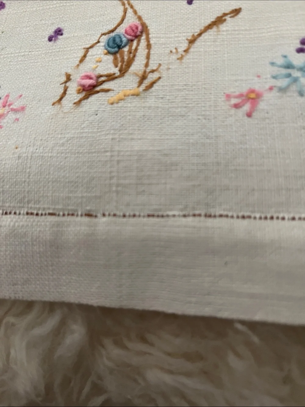 Embroidered Floral Linen Hand Towel in White with Pastel Accents